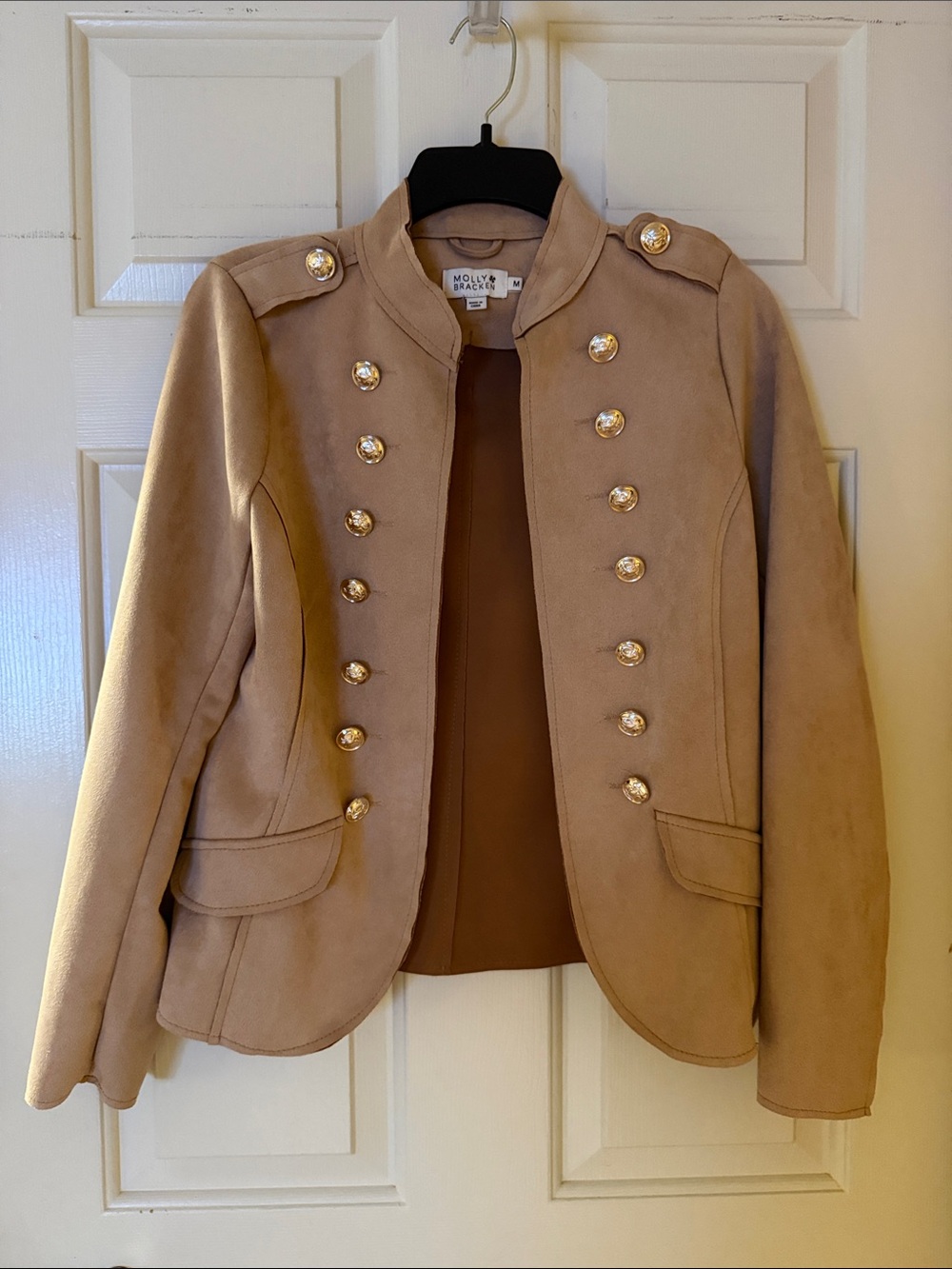 Molly Bracken Camel Military-Style Blazer with Gold Buttons